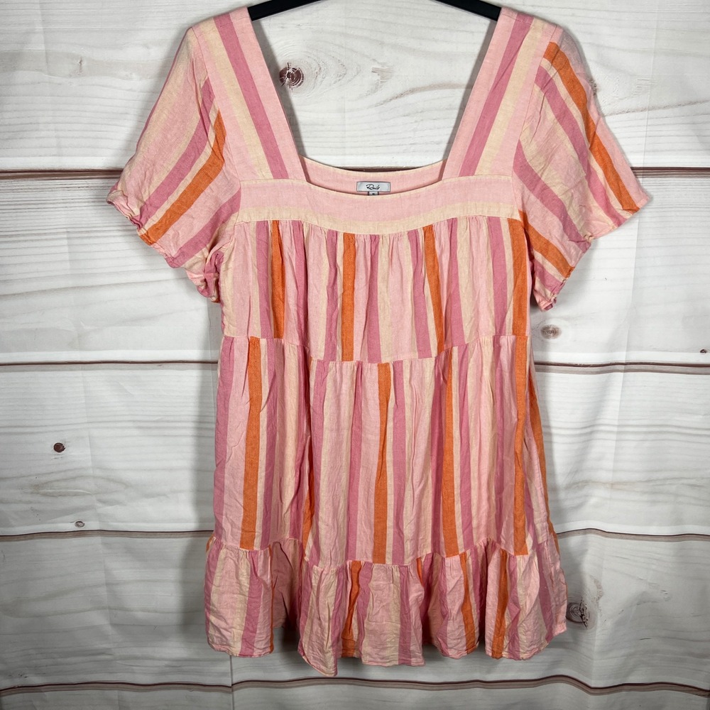 Rails Valentina Mini Dress Womens XL Pink Stripe Linen Blend Tiered Swing Beachy